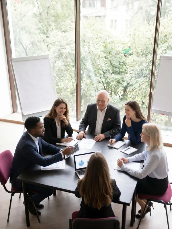Berater erklärt Diagramm am Flipchart im Seminarraum, strategische Analyse und professionelle Unternehmensberatung im Bereich Consulting. KI-generiertes Bild