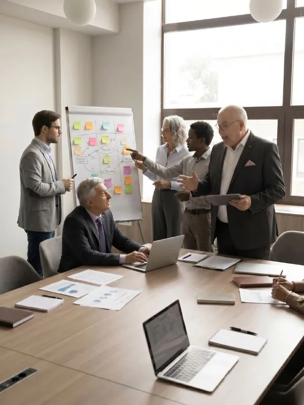 KI-generiertes Bild eines Leadership-Workshops mit Team, Flipchart, Laptop und Arbeitsunterlagen in modernem Besprechungsraum.
