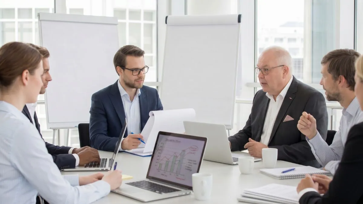 KI-generiertes Bild eines limbic sales training mit mehreren Personen, Flipcharts, Laptops und Besprechungstisch in hellem Büro.