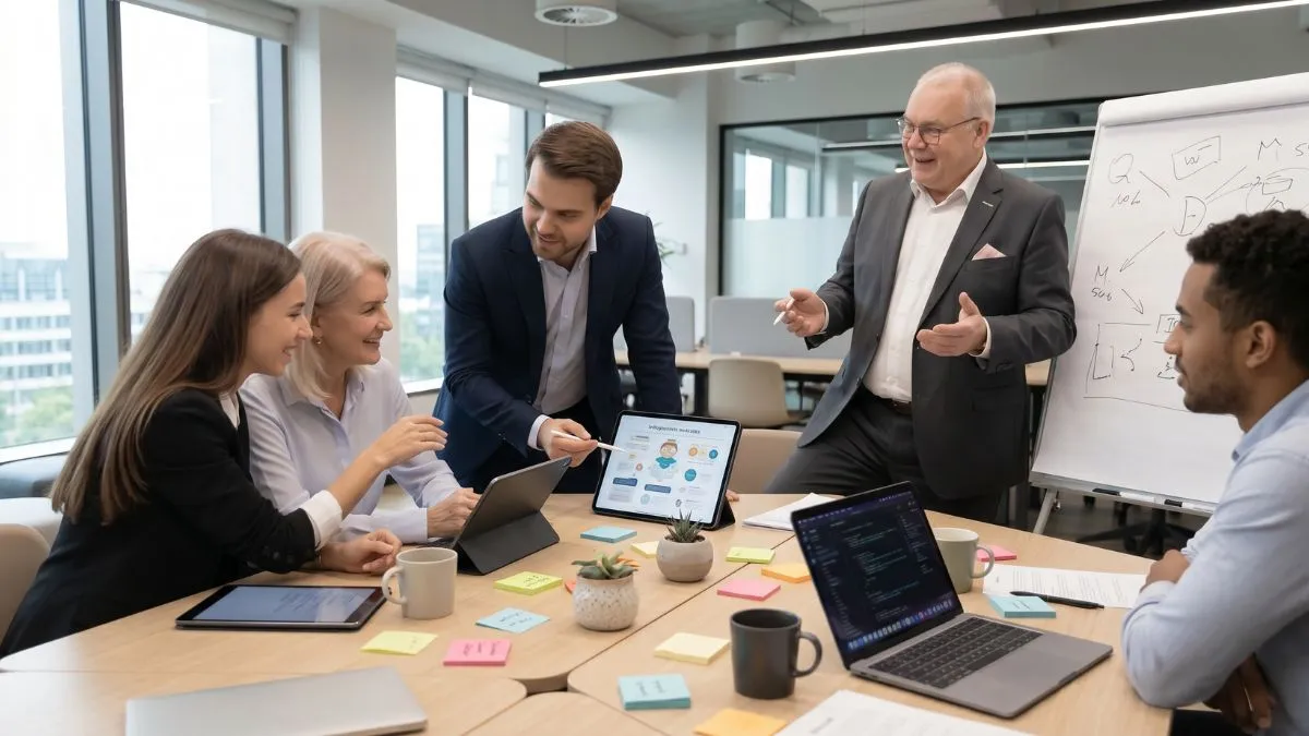 KI-generiertes Bild eines Vertriebstrainings mit Team, Trainer, Flipchart, Laptops und Tablets in modernem Büro.